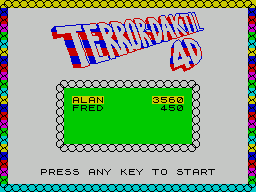 Terror-Daktil 4D (ZX Spectrum) screenshot: The first game screen shows current high scores prior to starting. When all three lives have been lost the game returns to this point, hopefully with your score on top
