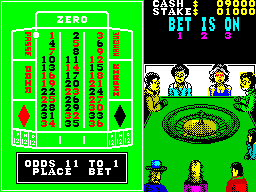 Monte Carlo Casino (ZX Spectrum) screenshot: I selected odds of 11-1 so I get to choose a row across the table. Selection starts at the row containing numbers 1,2 & 3