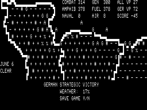 Battle for Normandy (TRS-80) screenshot: End turn with outcome and weather report