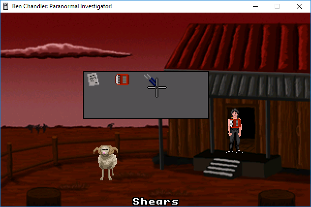 Ben Chandler: Paranormal Investigator - In Search of the Sweets Tin (Windows) screenshot: Selecting the shears in the inventory behind the sheep