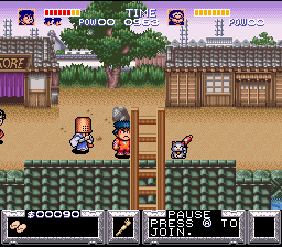 The Legend of the Mystical Ninja (SNES) screenshot: In the first village - Cats can be collected to upgrade your weapon from a pipe to a yo-yo