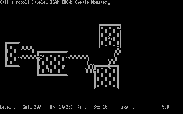 Hack (DOS) screenshot: Scrolls all have obfuscated names, so when you figure out what one does, you should name it