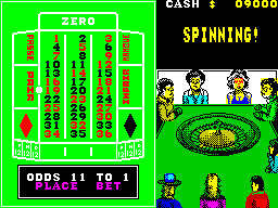 Monte Carlo Casino (ZX Spectrum) screenshot: I settled on the row containing 19, 20, & 21 and I chose to place no more bets, the wheel spins and .....