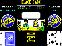 Monte Carlo Casino (ZX Spectrum) screenshot: Second card dealt. The game shows what each player has showing. I choose to stick on 18