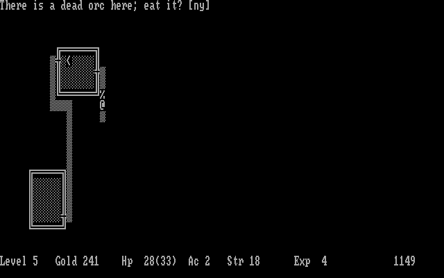 Hack (DOS) screenshot: Some monsters are "okay" to eat (hey, it's either that or death)