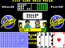 Monte Carlo Casino (ZX Spectrum) screenshot: Hand four - I have nothing sop I try a bluff. The dealer calls