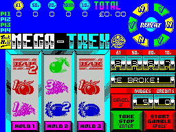 Fruit Machine Simulator 2 (ZX Spectrum) screenshot: When al credits are exhausted the game helpfully displayed a 'YOU'RE BROKE!' message before returning to the start of game screen