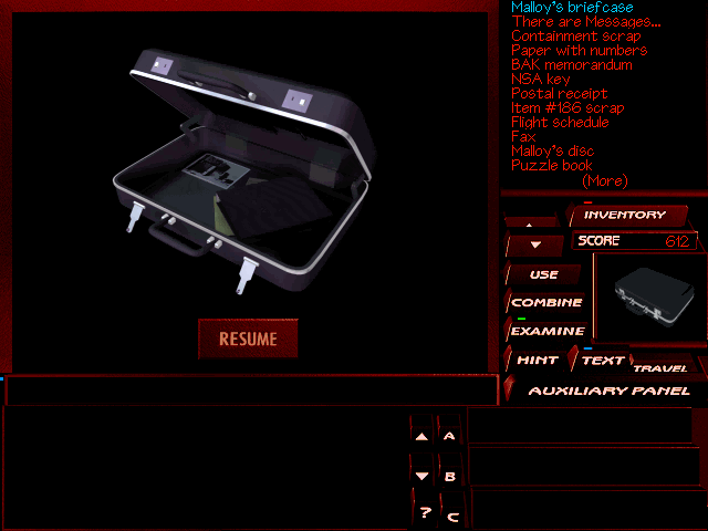 The Pandora Directive (DOS) screenshot: Malloy's briefcase