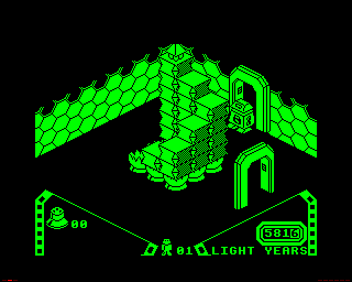 Alien 8 (BBC Micro) screenshot: The item at the top of that pile of blocks is quite hard to reach
