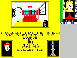 Cluedo (ZX Spectrum) screenshot: After a few rounds Miss Scarlett gets into the Lounge and makes a suggestion