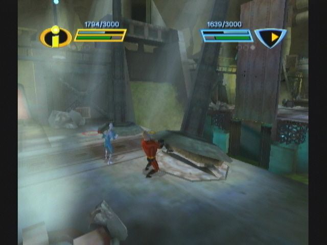 The Incredibles: Rise of the Underminer (GameCube) screenshot: Mr. Incredible can shift gigantic structures... when it suits the game.