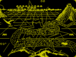Terror-Daktil 4D (ZX Spectrum) screenshot: I could not shoot 'coz a ball was still in flight and I failed to dodge. The screen flashes red/yellow and this turn ends. A new life starts at day 2.
