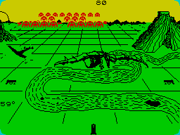 Terror-Daktil 4D (ZX Spectrum) screenshot: Canon elevation, range, is displayed on the right. I've scored 80 by hitting four birds. A big one is swooping down on the canon