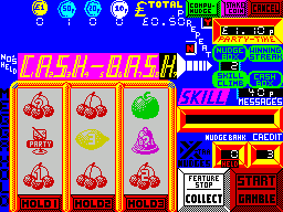 Fruit Machine Simulator (ZX Spectrum) screenshot: letters 1-8 of the CASH-BASH feature are lit and because there's a '?' symbol on the winning line the 9th light is flashing. this is a 50-50 chance to get the feature
