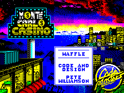 Monte Carlo Casino (ZX Spectrum) screenshot: Selecting 'WAFFLE' brings up the credits and a list of games by the same author