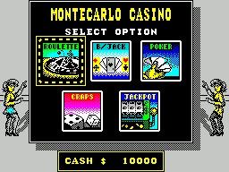 Monte Carlo Casino (ZX Spectrum) screenshot: Start screen with $10,000 stake money. The player returns to this screen on exitting any of the five games