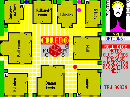 Cluedo (ZX Spectrum) screenshot: Prof Plum is a human player. Roll Dice must be selected and used before he can move. Movement is by using the numeric keypad arrow keys to select a destination square then hitting 'ENTER'.