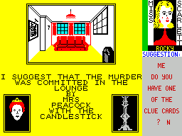 Cluedo (ZX Spectrum) screenshot: The next player in turn is asked if they have these cards