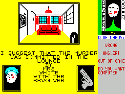 Cluedo (ZX Spectrum) screenshot: Three wrong answers in a row and the human player is out of the game