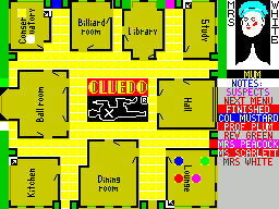 Cluedo (ZX Spectrum) screenshot: The first list is the suspect list. Entries can be coloured using keys 1-5, that's one colour for each other player
