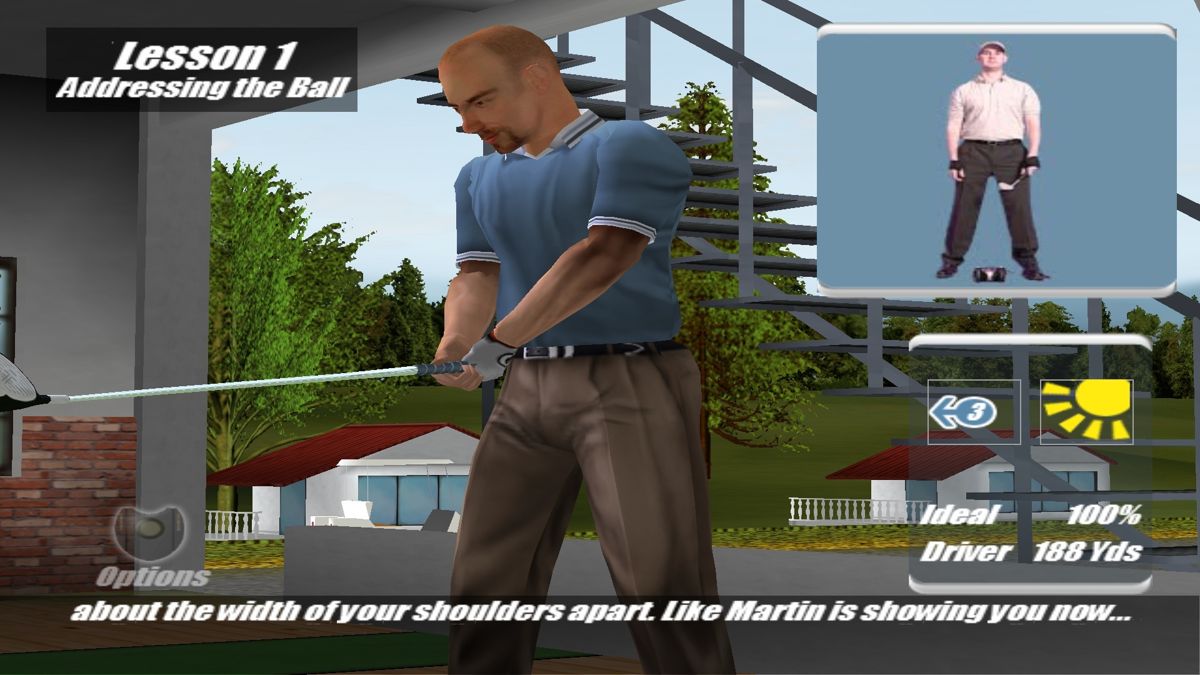 Real World Golf (Windows) screenshot: The first and most basic lesson, how to stand and how to hit the ball. The chap in the upper right demonstrates and the character moves as the player moves their hands