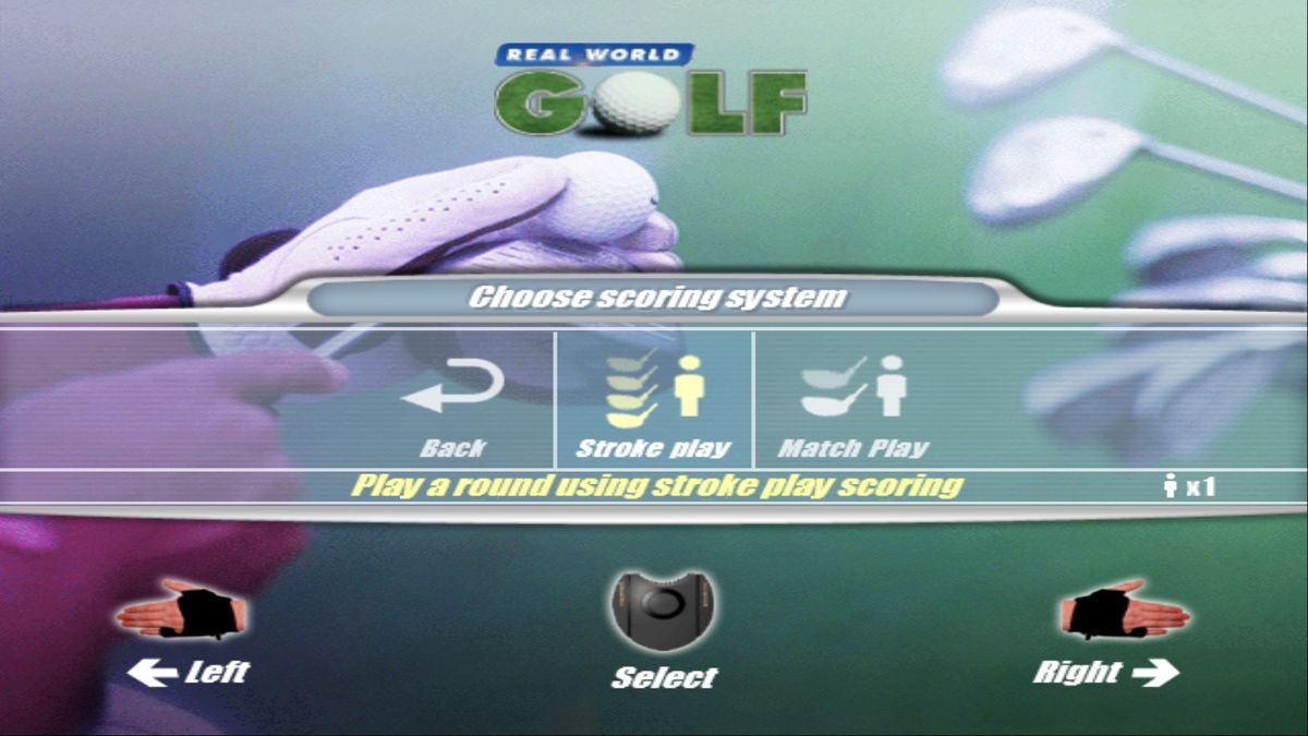 Real World Golf (Windows) screenshot: Playing a round of golf can be either stroke or match play and the player can elect to play the full eighteen holes, the front nine or the back nine