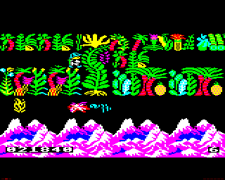 Sabre Wulf (BBC Micro) screenshot: Stay too long in one area and a fire will appear, sometimes forcing you to leave the area.