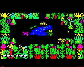 Sabre Wulf (BBC Micro) screenshot: A clearing in the forest with a small lake.