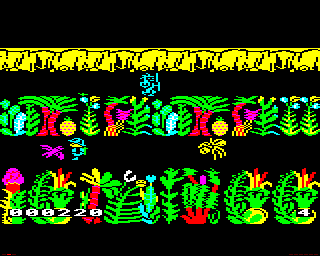 Sabre Wulf (BBC Micro) screenshot: The Tribesman up top is indestructible but he can be turned away from you by attacking him.