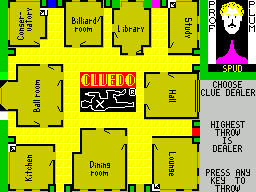Cluedo (ZX Spectrum) screenshot: Each player rolls to see who's the dealer. Highest roll wins. If there is a tie then the tying players re-roll until there is a winner
