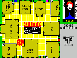 Cluedo (ZX Spectrum) screenshot: The dice always rolls across the board from the bottom left to the centre