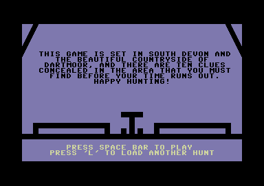 Treasure Hunt (Commodore 64) screenshot: This game is in South Devon and Dartmoor. Press 'L' to load another hunt.
