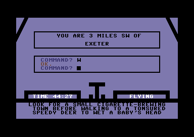 Treasure Hunt (Commodore 64) screenshot: I am now 3 miles southwest of Exeter.