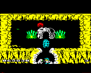 Sabre Wulf (BBC Micro) screenshot: The final exit guarded by the gatekeeper. He will only leave if you have all four pieces of the amulet.