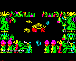 Sabre Wulf (BBC Micro) screenshot: A tribesman's hut in a small clearing. Also a fire is forming.