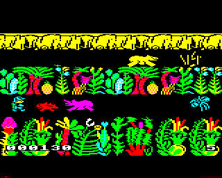 Sabre Wulf (BBC Micro) screenshot: Facing a Rhinoceros and a lizard while a Hippo runs the other way up top