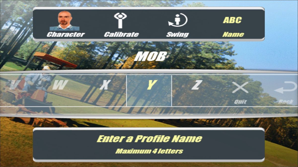 Real World Golf (Windows) screenshot: Entering a player name means waving the hands to scroll right/left and stamping on the foot pedal to make a selection