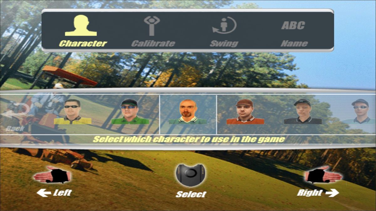 Real World Golf (Windows) screenshot: Creating a character<br>This involves picking a pre-existing player and naming them<br>Character one is a bit like the guy in Deus Ex