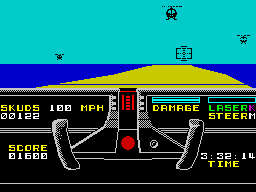Knight Rider (ZX Spectrum) screenshot: The damage indicator on the top right of the dashboard is fully lit. Missiles have little effect but going off the road causes the border round the game screen to flash and adds to the damage