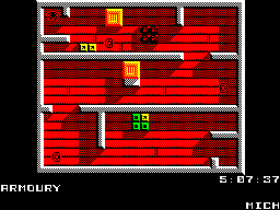 Knight Rider (ZX Spectrum) screenshot: The bad guys hideout. The message scrolling across the bottom of the screen reads 'Michael, you must get to the room on the other side but be careful, I detect guards'