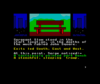 Soap Land (ZX Spectrum) screenshot: Part One: The game begins<br>However there's more text to show so the picture soon scrolls out of sight