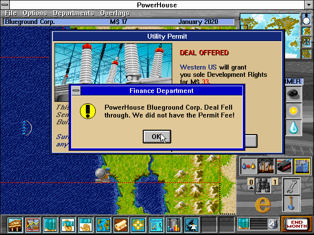 PowerHouse (Windows 3.x) screenshot: Arrgh, stymied by the small print! They will still take most of your money even for an unsuccessful building attempt.