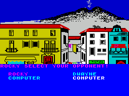 Sports-A-Roni (ZX Spectrum) screenshot: Sack race : First task is to select who will play who. Here having been forced to enter a second player becomes a pain because they have to race as well.