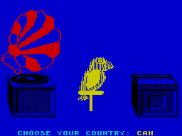 Sports-A-Roni (ZX Spectrum) screenshot: Setup : What do a gramophone, a parrot, and a box have in common? Well they all appear on what is possibly the most confusing menu screen ever
