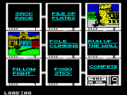 Sports-A-Roni (ZX Spectrum) screenshot: Setup : Games are selected by adjusting the channel selector in the lower right. 1 - 8 games can be selected. animations play on each selected TV screen