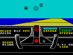 Knight Rider (ZX Spectrum) screenshot: Here come the bad guys. I found it easier to drive and let KITT shoot. The player can drive faster than KITT but the faster the speed the less accurate KITT is at shooting