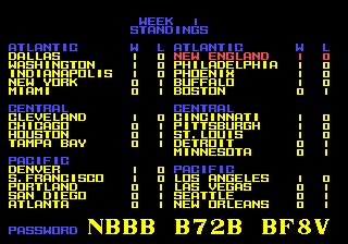 Cyberball (Genesis) screenshot: The screen showing the results of the other teams games. You will also get a password allowing you to continue your season after you switch off your console.