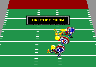 Cyberball (Genesis) screenshot: Once you reach the half way mark, you will get to see the robotic half time show.