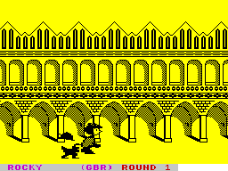 Sports-A-Roni (ZX Spectrum) screenshot: Run up the wall : Chase them too far and you've blown it because they double back and drop the hat behind you. No you cannot move backwards