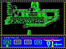 Rasputin (ZX Spectrum) screenshot: 128k version : That first step is a problem because there isn't anything to walk onto. So it's a long, long drop